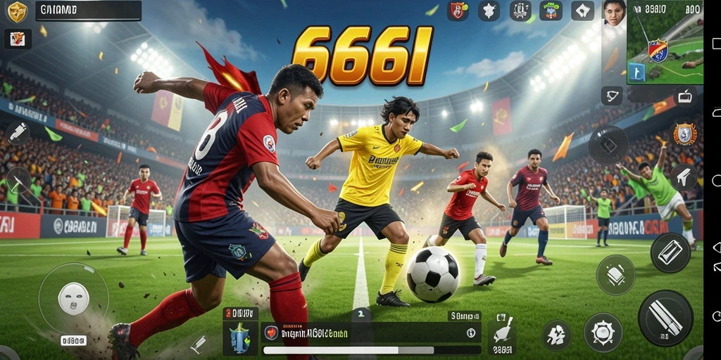 Tangkapan layar gameplay 666I dengan aksi sepak bola seru.