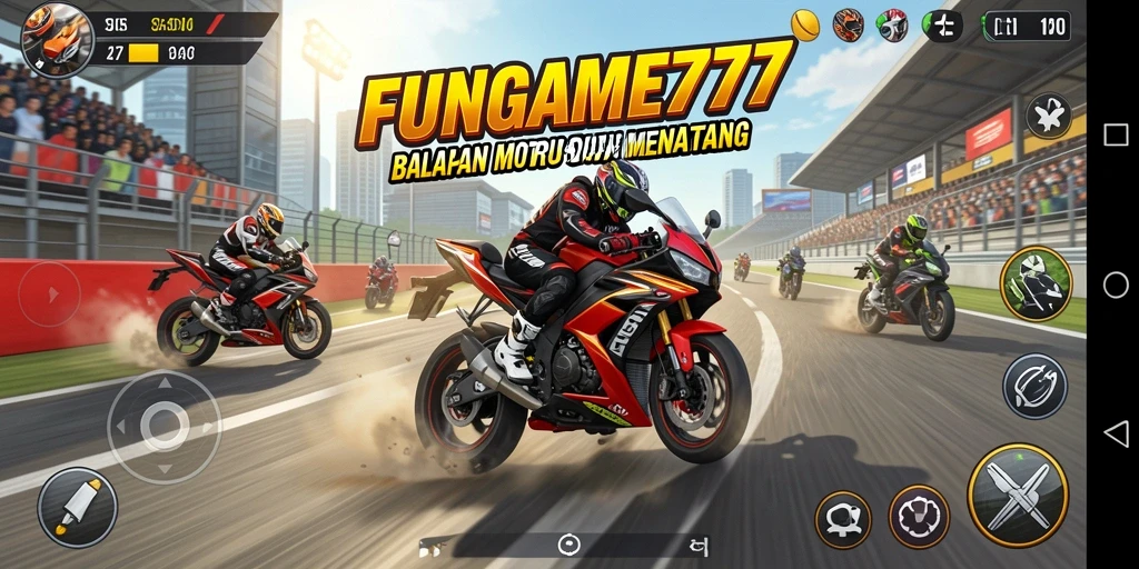 Screenshot FUNGAME777 menampilkan aksi balapan motor yang seru dan mendebarkan.