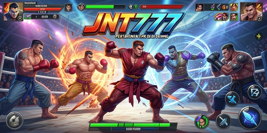 Screenshot utama JNT777 menampilkan pertarungan intens antara karakter yang kuat.