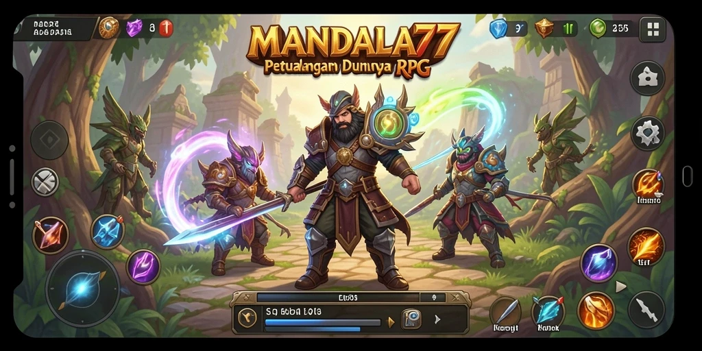 Screenshot utama MANDALA77 menampilkan karakter dalam pertarungan epik RPG.