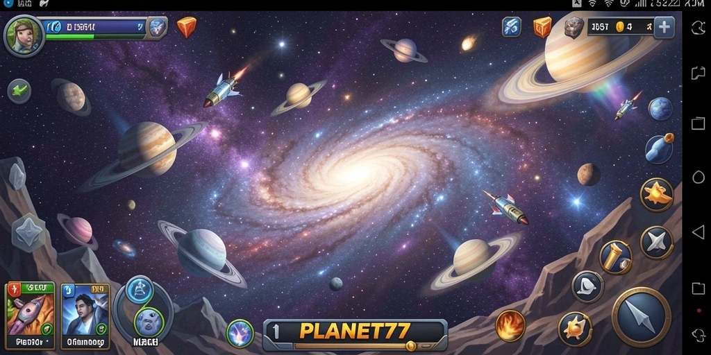 Gameplay seru PLANET77 saat menjelajahi planet yang indah.