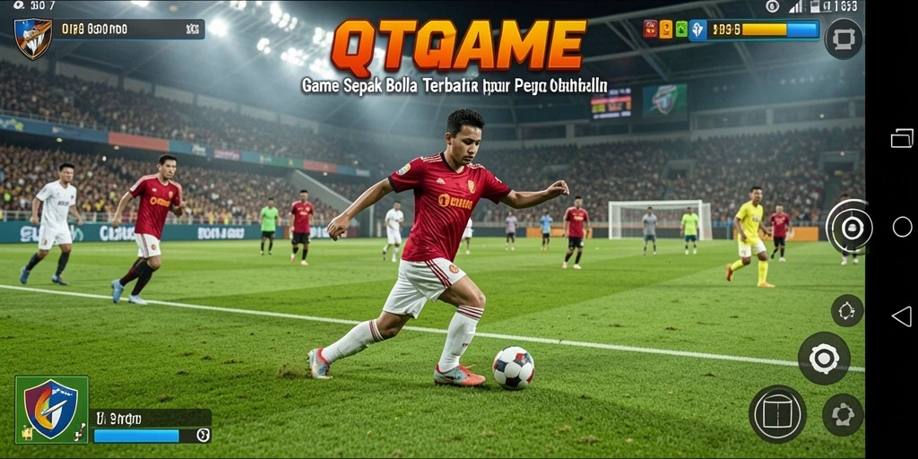 Screenshot permainan QTGAME menyajikan aksi serius di lapangan sepak bola.