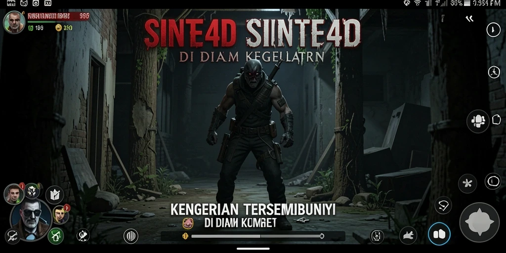 Tangkapan layar utama SINTE4D menampilkan suasana mendebarkan dan elemen horror yang intens.