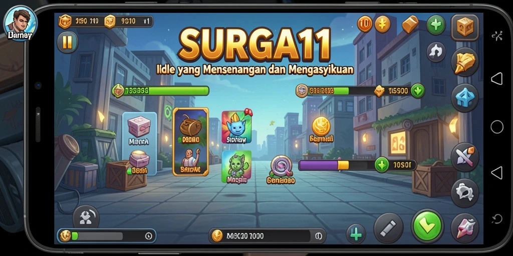 Tangkapan layar gameplay SURGA11 yang menunjukkan aktivitas permainan Idle yang menarik.